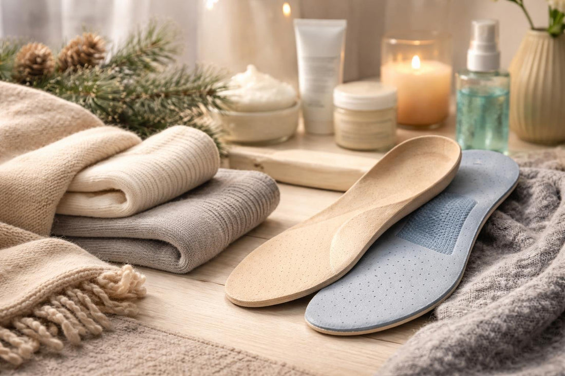 Diabetic socks and insoles laid out for winter care