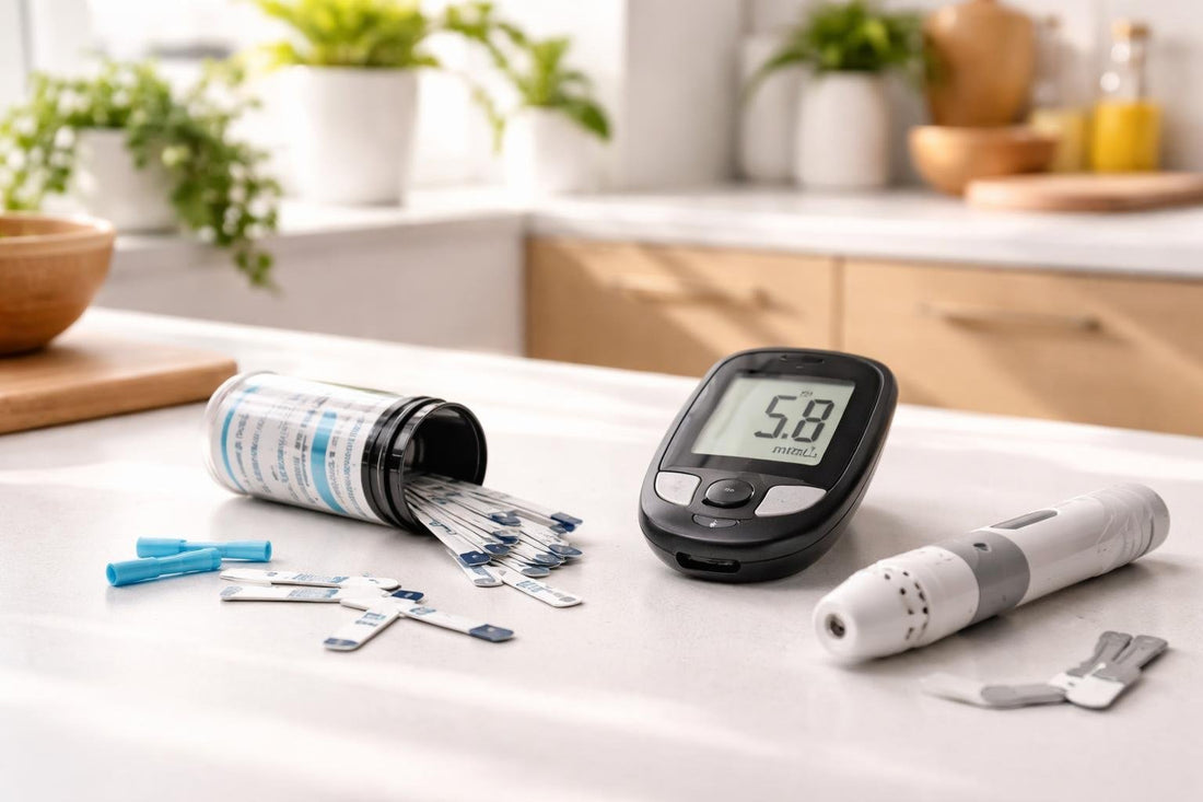 Diabetic blood glucose test strips and meter close-up