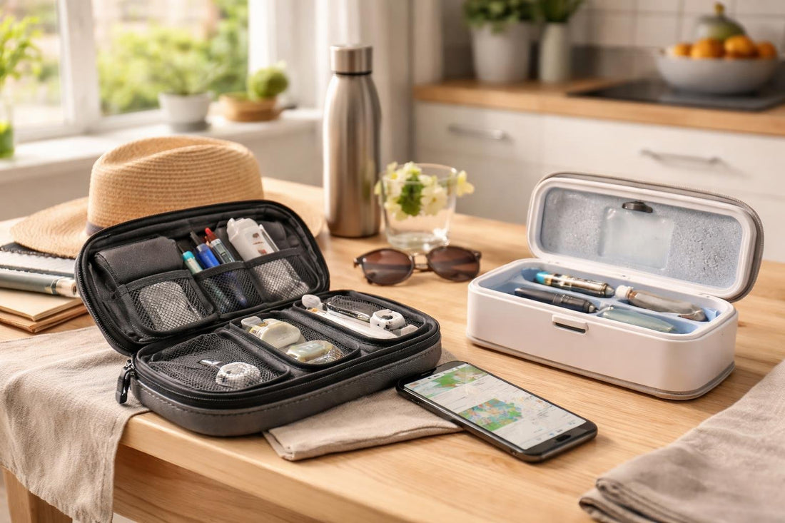 Insulin cooler and organiser travel kit on table