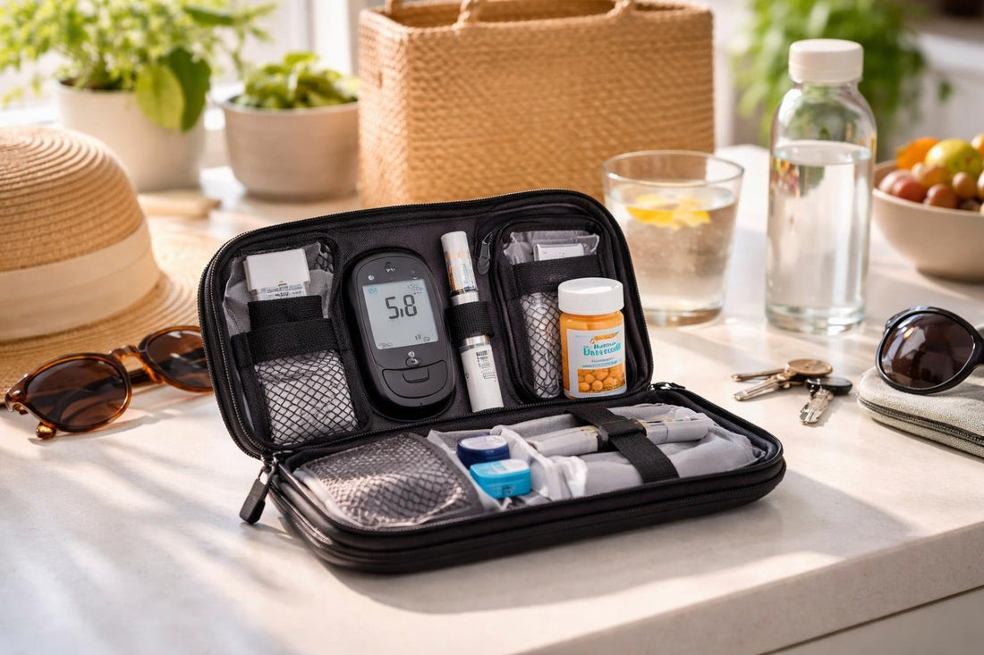 Diabetic travel organiser with meter, strips, and glucose tabs