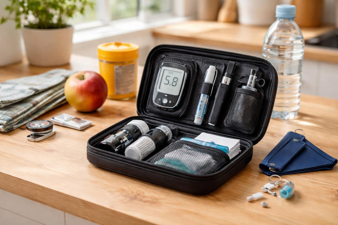 Neat diabetic travel organiser with glucose meter and supplies
