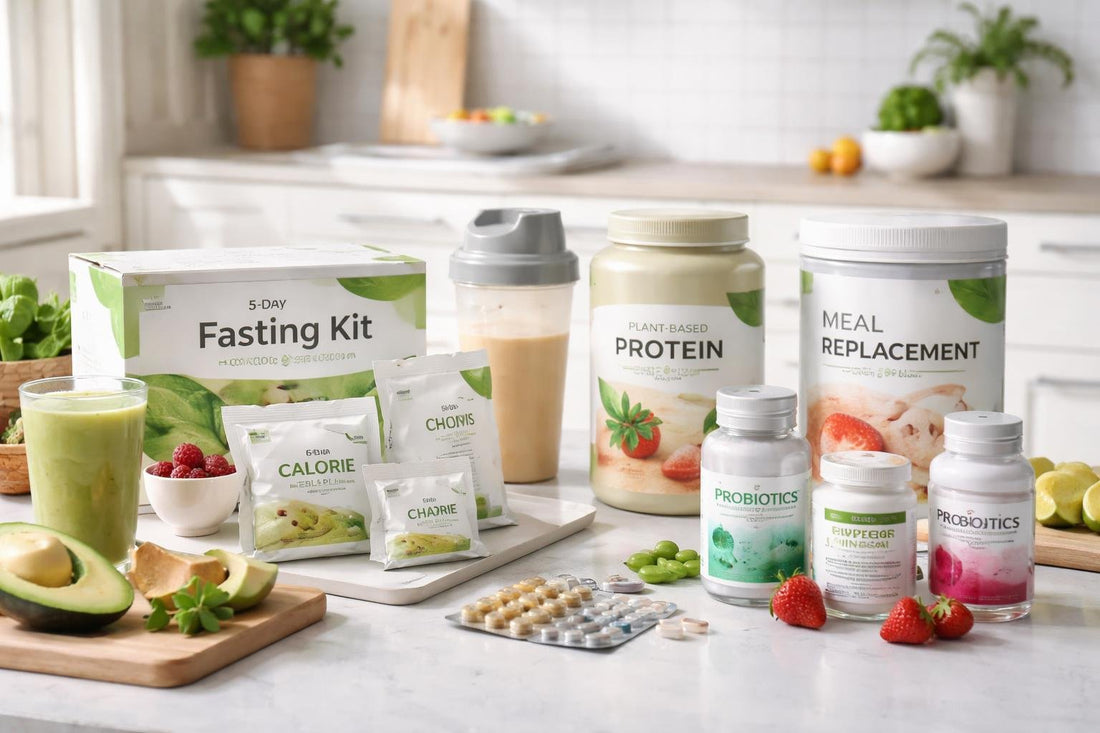 Selection of diet kits, fasting packs and supplements