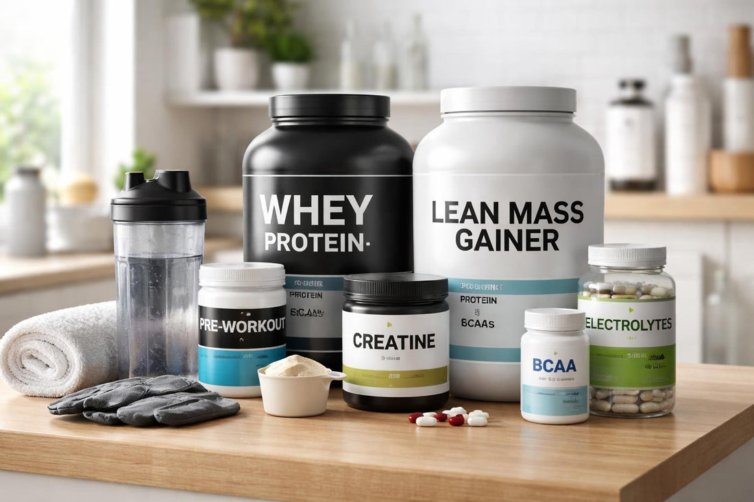 Gym supplements and protein tubs on shelf