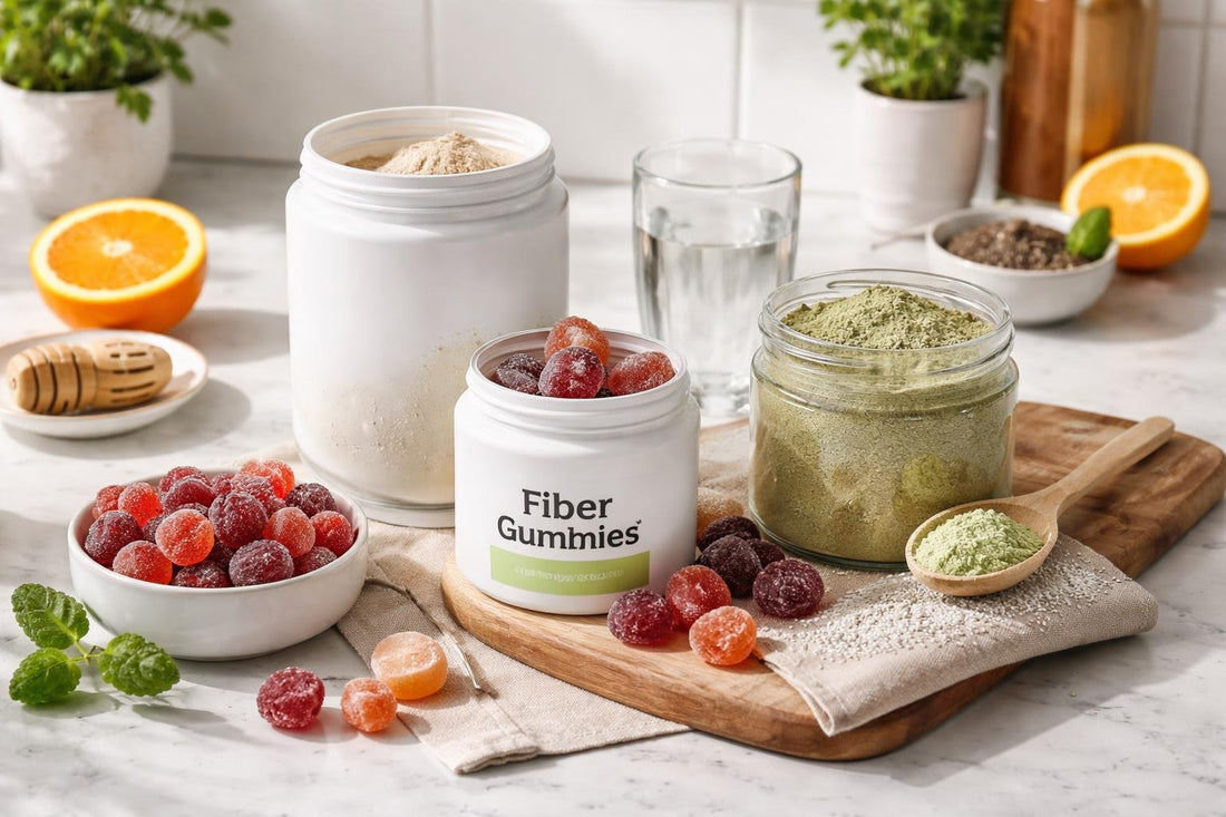 Assorted fibre supplements: gummies and powders on a table