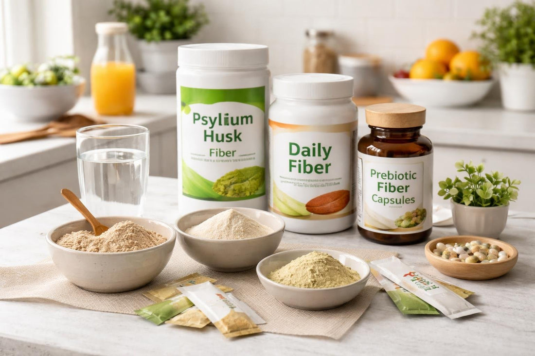 assorted dietary fibre supplement powders and sachets
