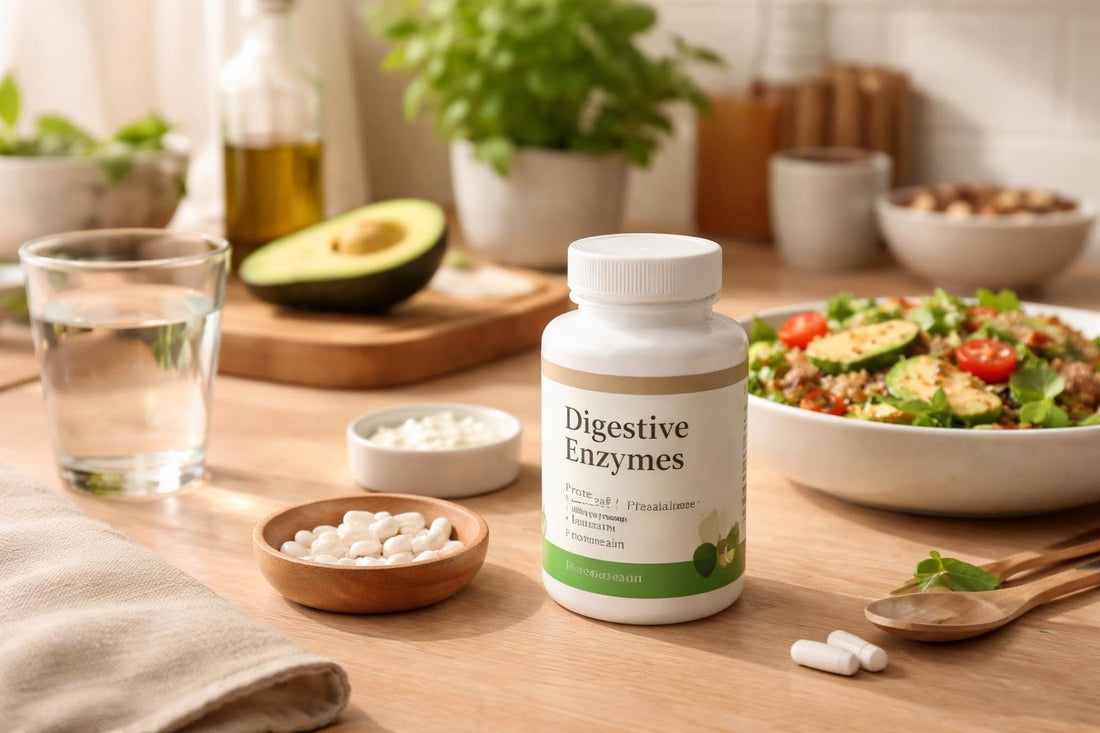 bottle of digestive enzymes and healthy meal