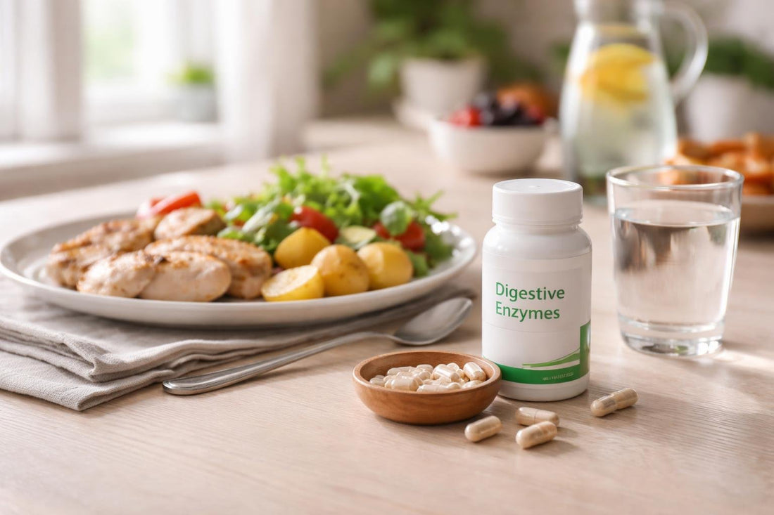 Digestive enzyme capsules beside a UK meal plate