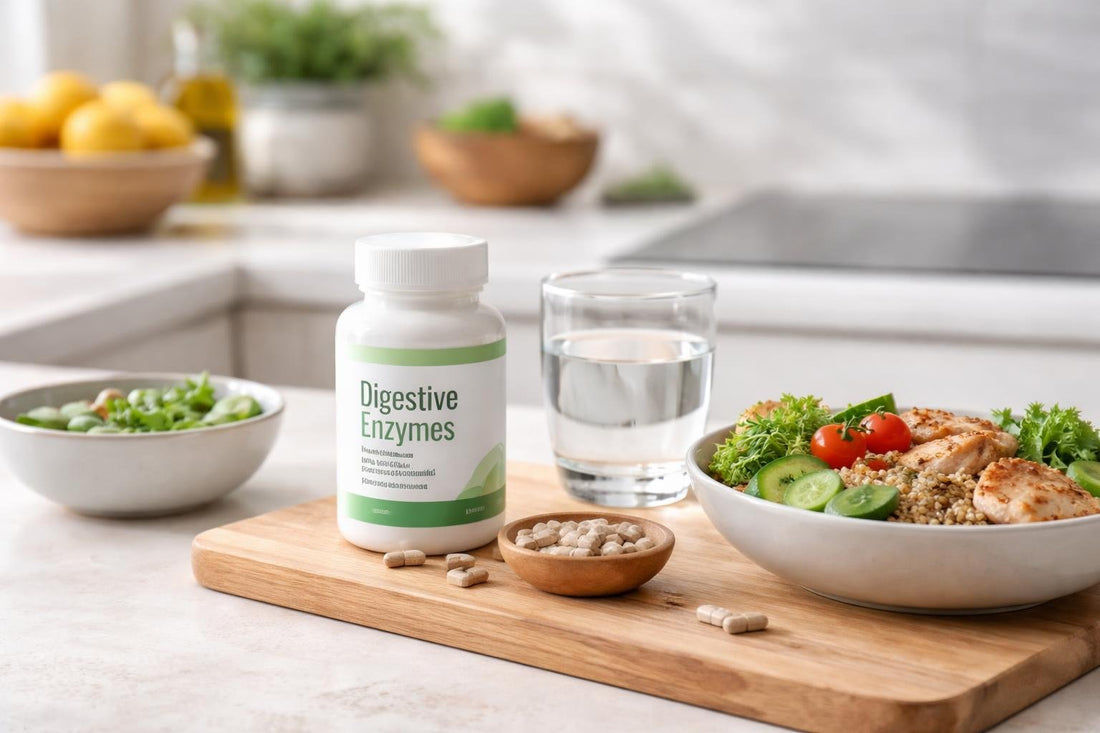 Digestive enzyme supplements with capsules beside a balanced meal