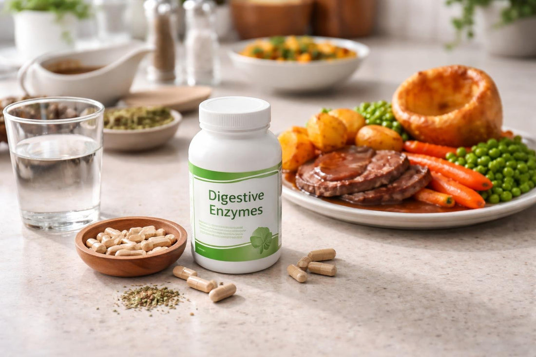 Digestive enzyme supplement capsules beside a hearty Yorkshire meal