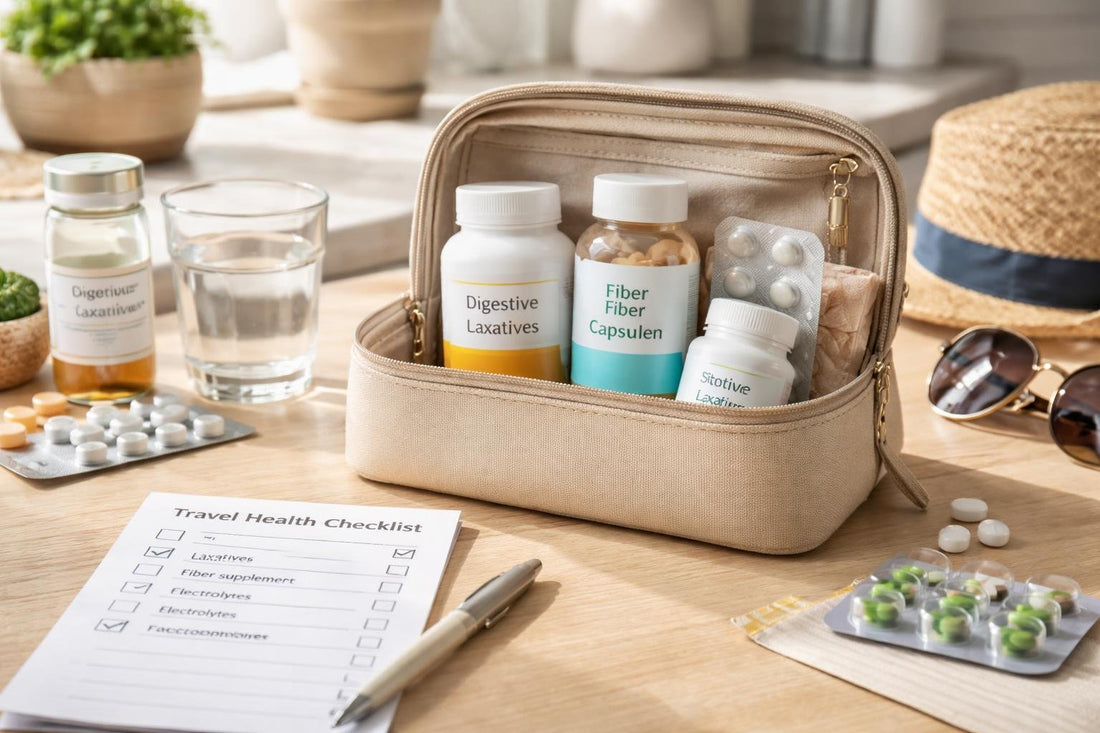 Travel kit with digestive laxatives and care checklist