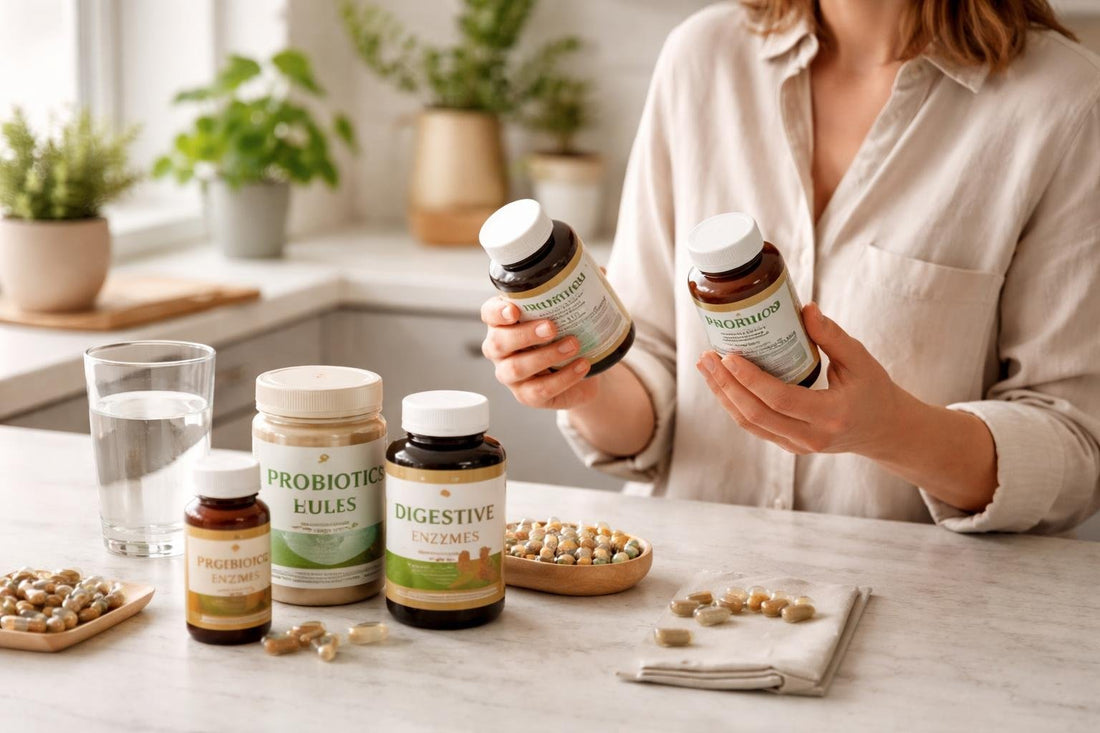 Woman reading supplement labels for digestive support