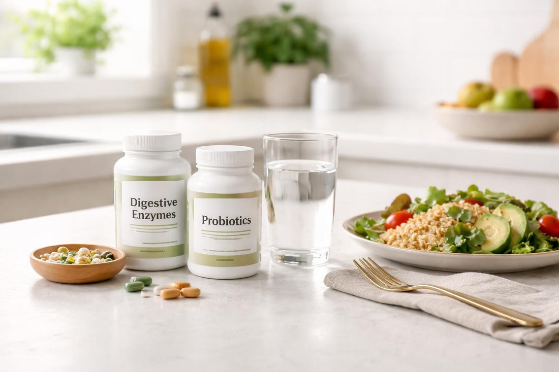 Digestive supplements with water beside a meal setting