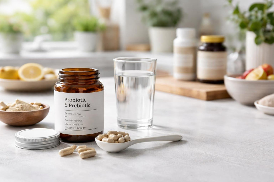 Jar of digestive supplements and measuring spoon