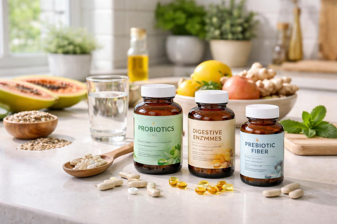 Digestive supplements and probiotic capsules on kitchen counter