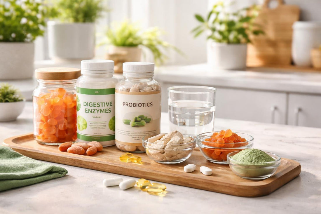 assorted digestive supplements capsules powders and gummies