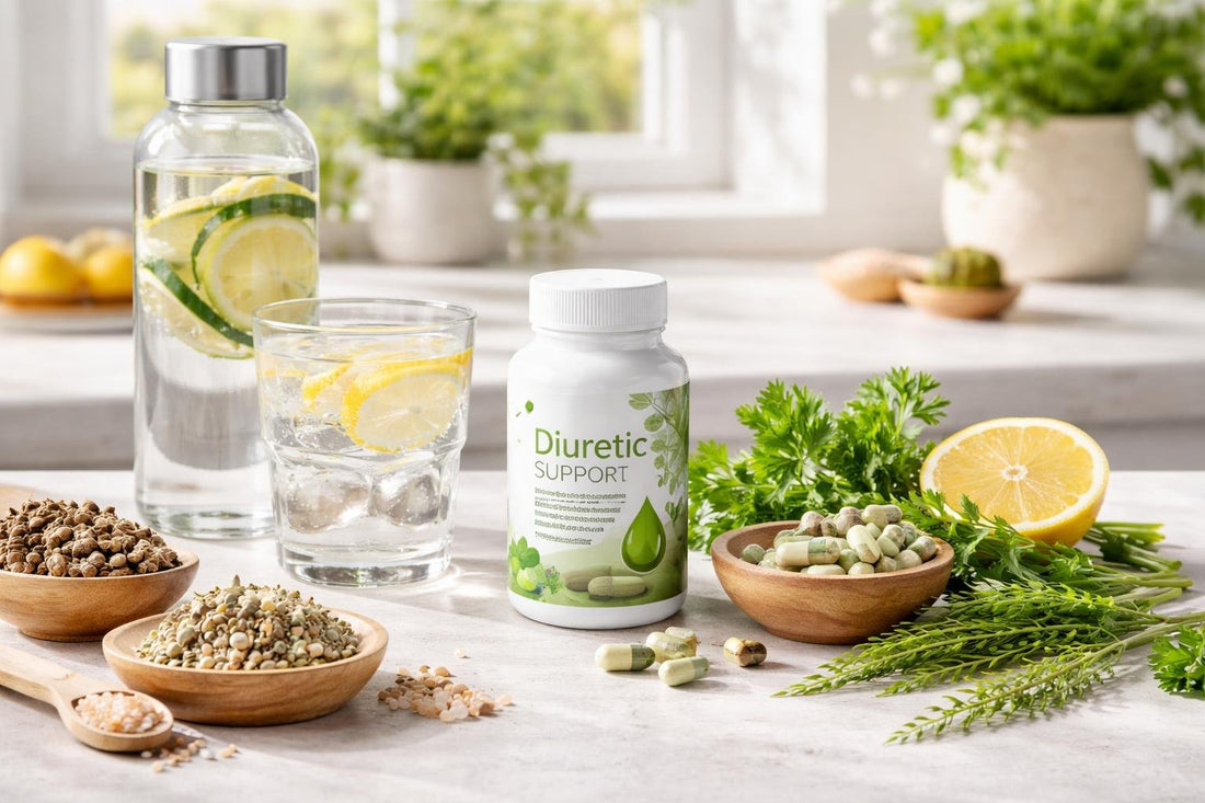 Diuretic support supplements with water bottle and herbs