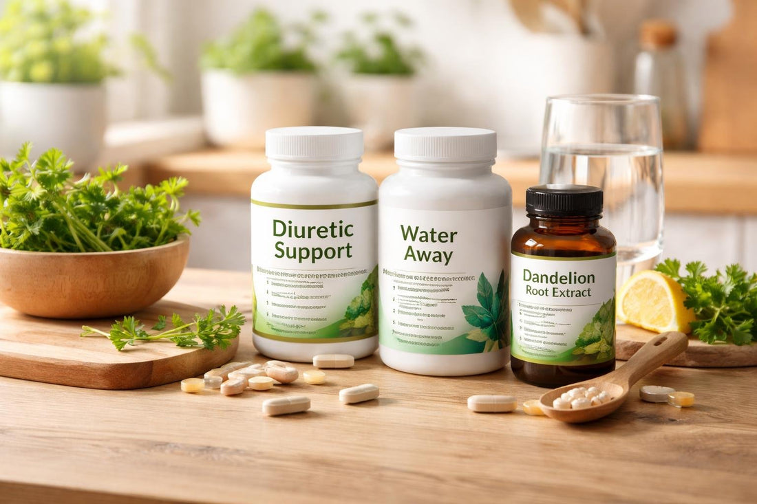 Diuretic support supplements on wooden table