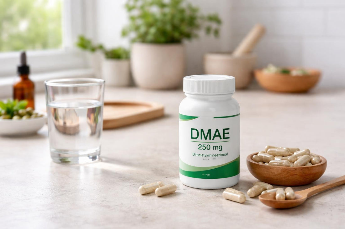 DMAE supplements bottle and capsules on table