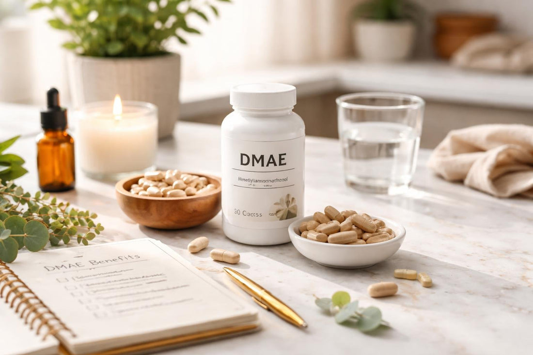 DMAE nutritional supplements with capsules and seasonal wellness notes