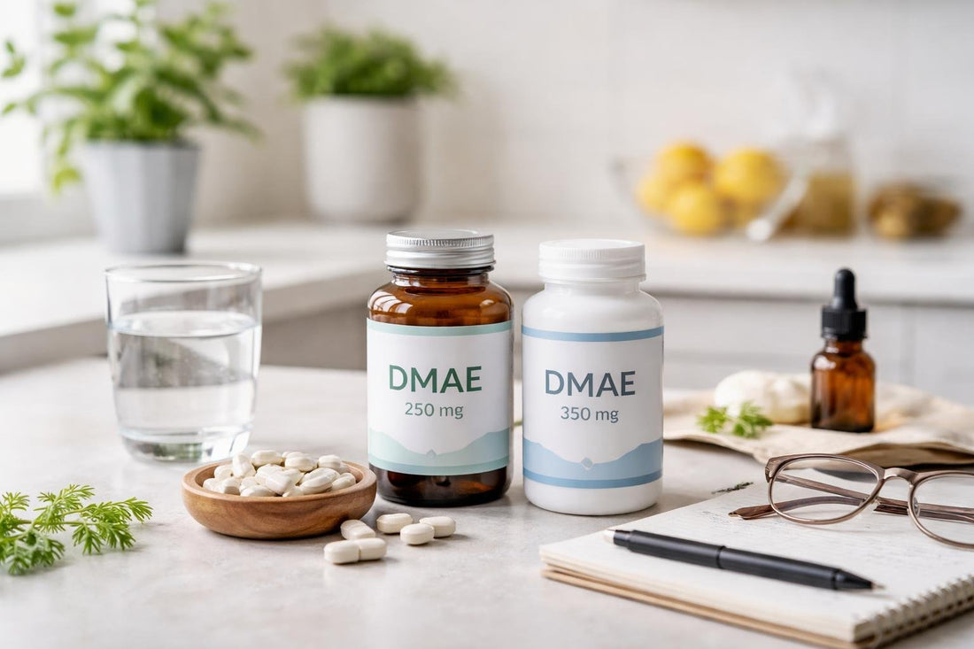 Bottles of DMAE supplements with focus props