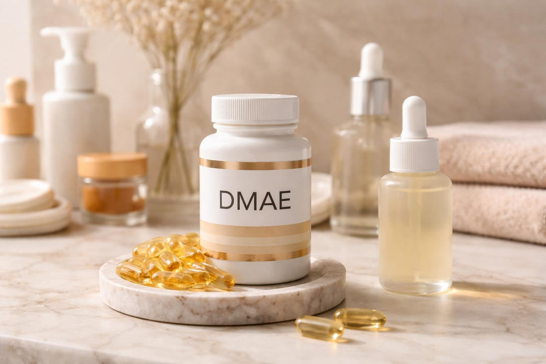 Close-up DMAE supplement capsules and skincare bottle