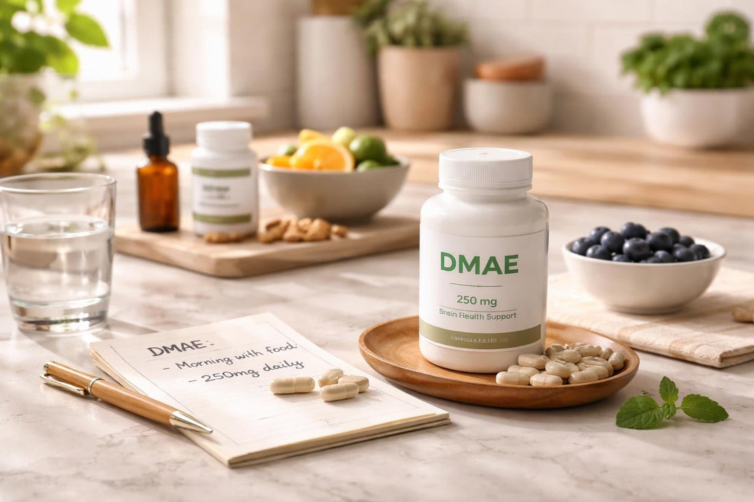 DMAE supplement capsules with notes on timing and dosage