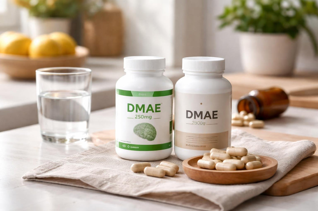 DMAE supplement bottles and capsules on table