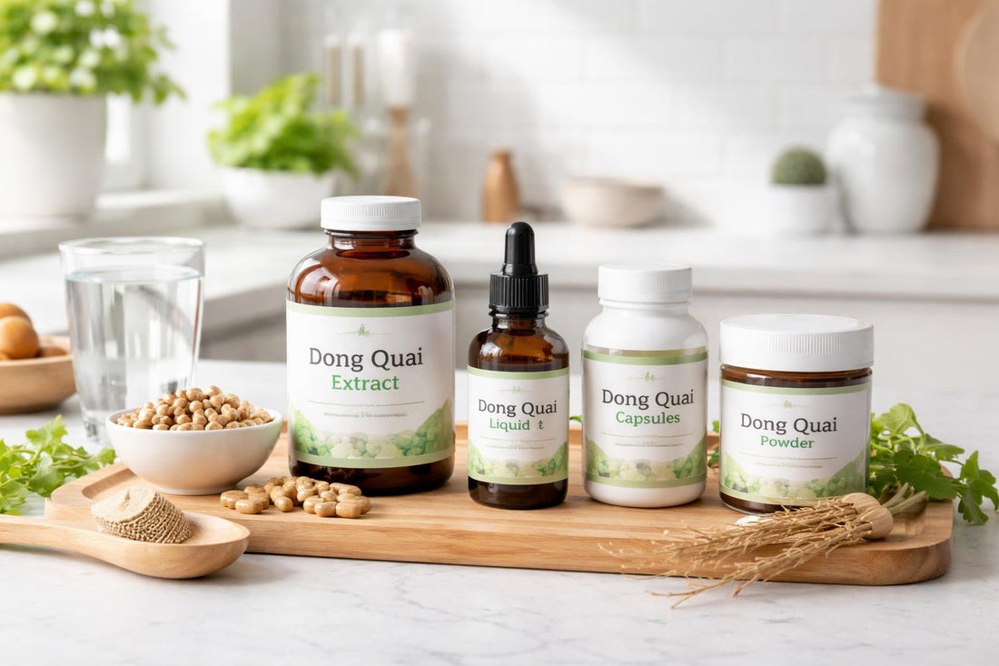 Variety of Dong Quai herbal supplement bottles on shelf