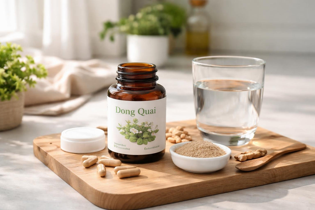 Dong quai herbal supplement capsules with glass of water