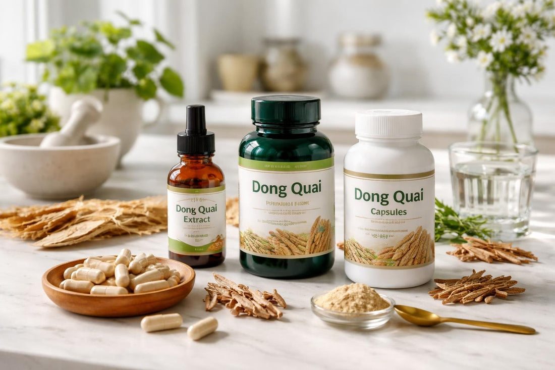 Bottles of dong quai supplements with herbal roots