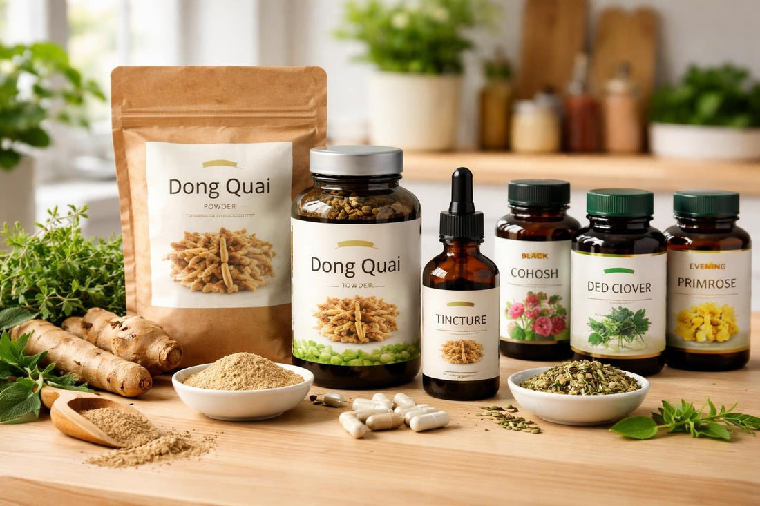 Bottles of Dong Quai supplements and herbal alternatives on wood