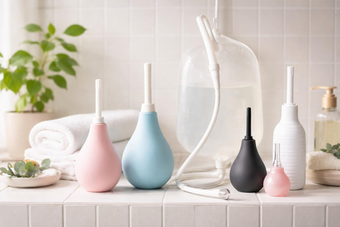assorted feminine douches and enema systems on tiled shelf