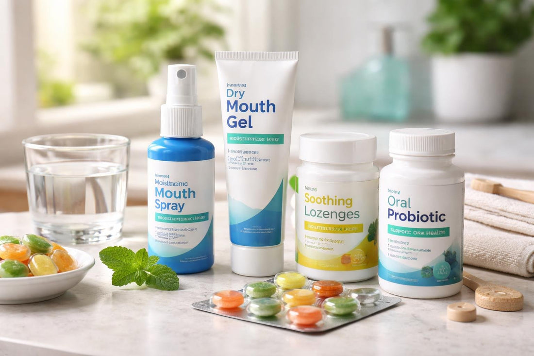 Selection of dry mouth relief products on a table