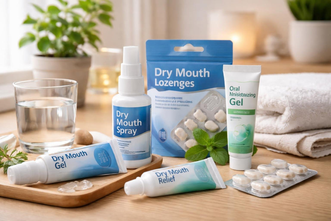 assorted dry mouth relief gels and pastilles