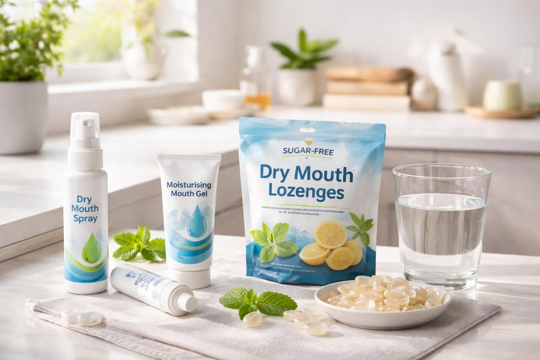 selection of dry mouth relief essentials and lozenges