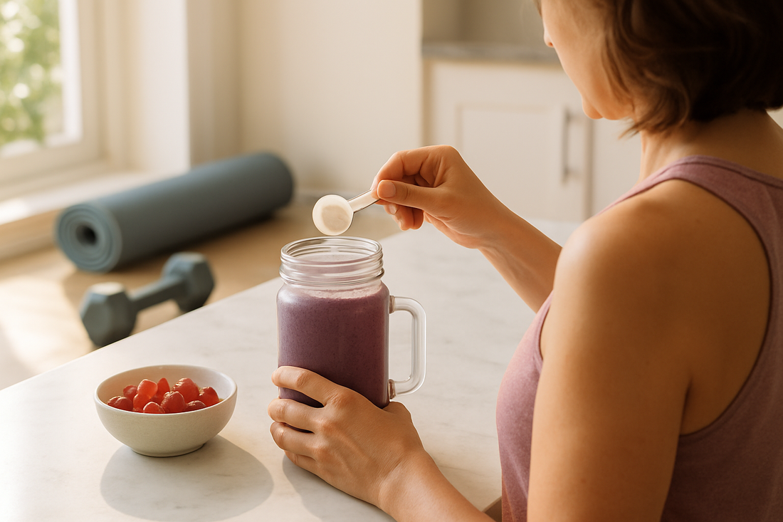 Woman preparing a creatine smoothie in a bright kitchen with gummies nearby