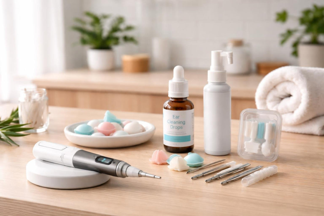 visual ear scope, soft plugs and ear care tools on table