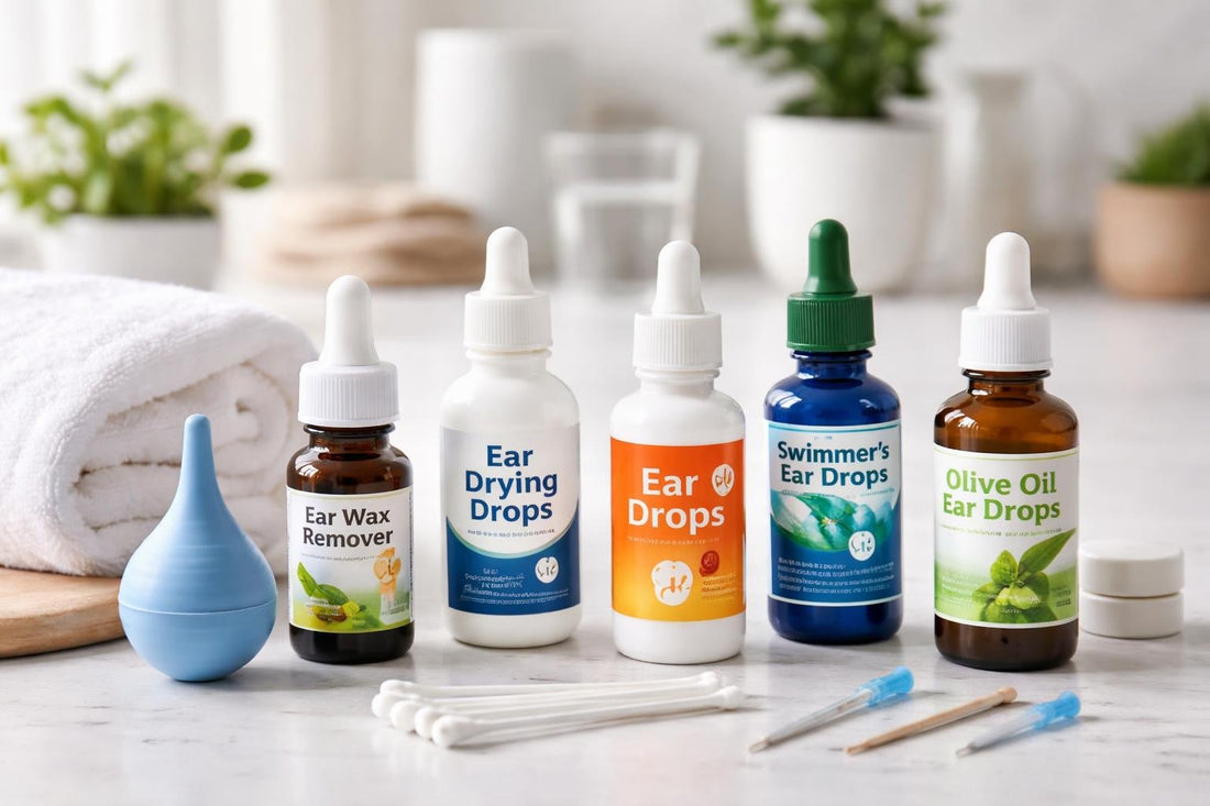 assorted ear drops and ear care products on table