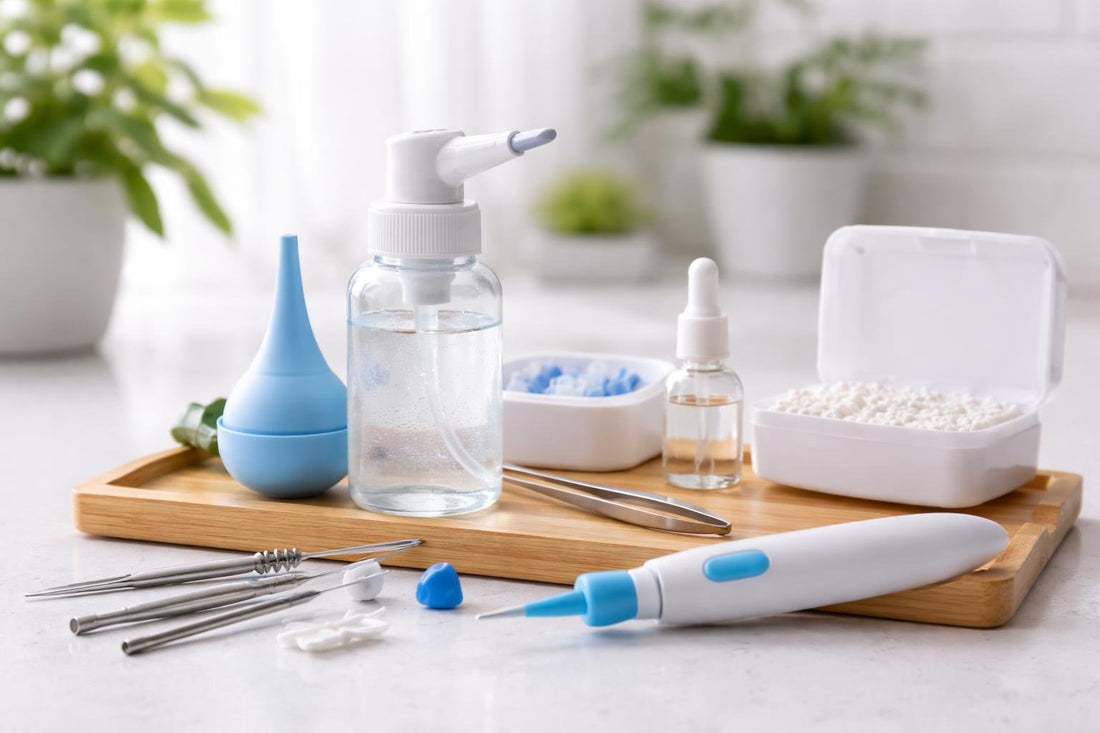 Close-up of earwax removal tools and cleaning kit
