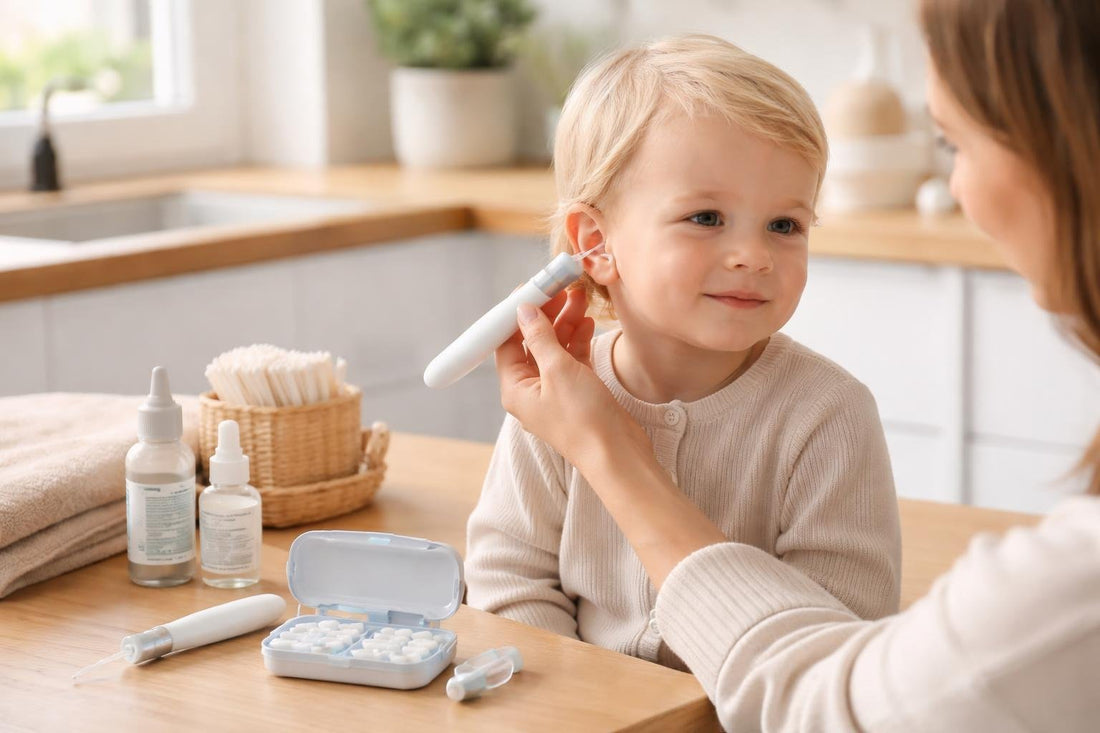 Parent using toddler earwax removal tool safely at home