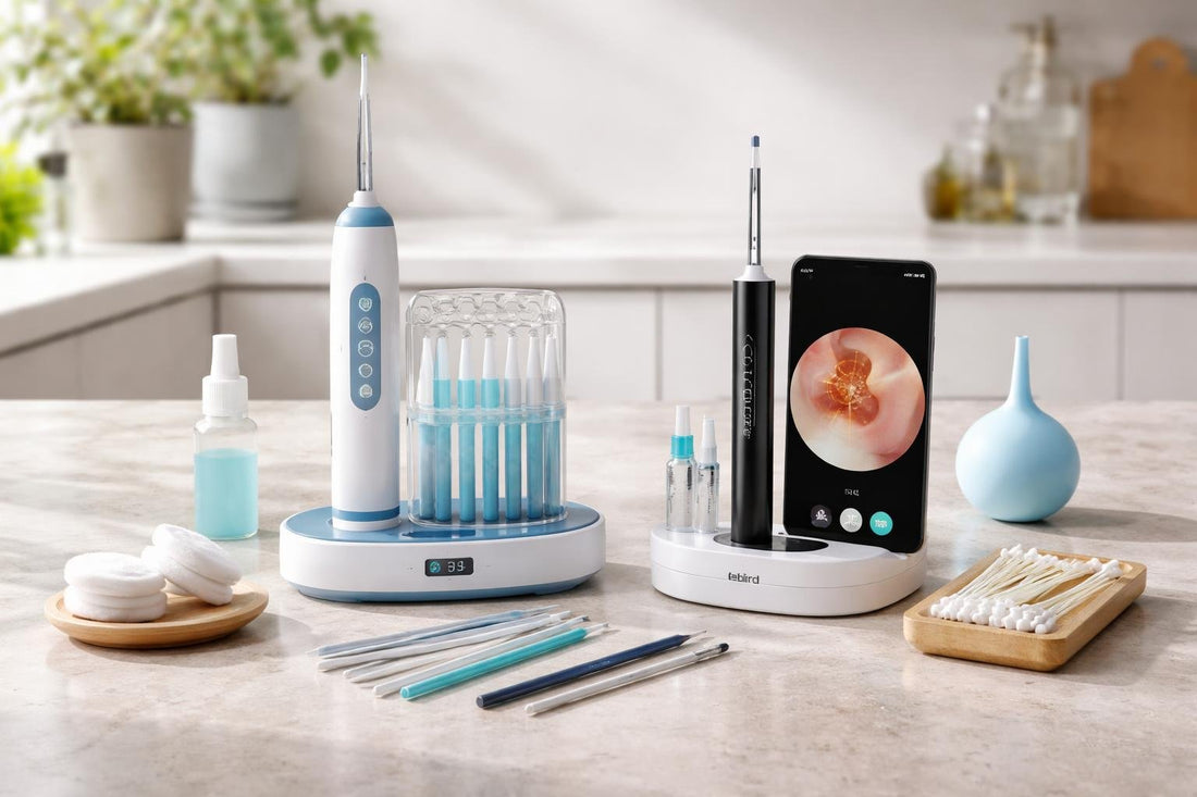 Assorted earwax removal tools and kits on a table