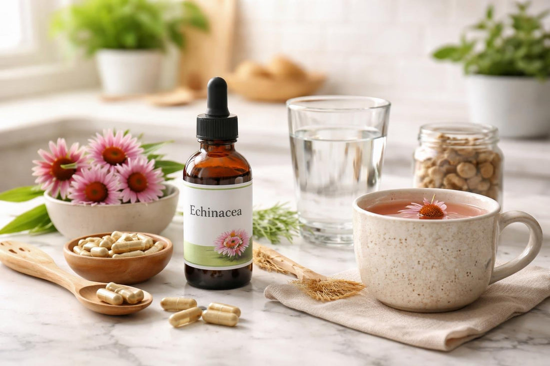 Echinacea herbal supplement capsules and tincture on kitchen counter
