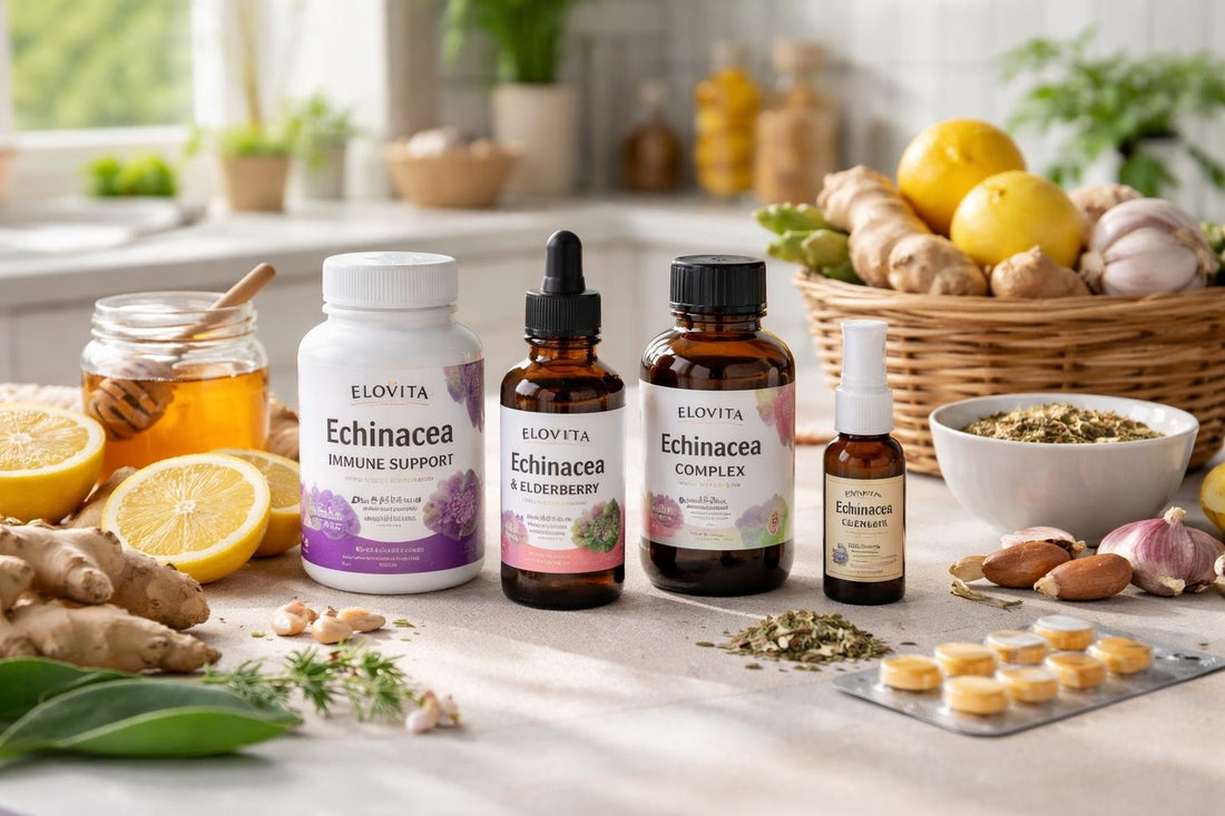 Echinacea supplements and natural cold remedies on table