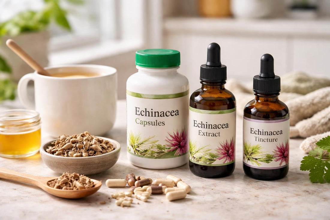 Echinacea supplement bottles and dried echinacea roots