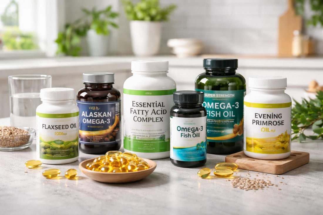 Selection of essential fatty acid supplement bottles and capsules