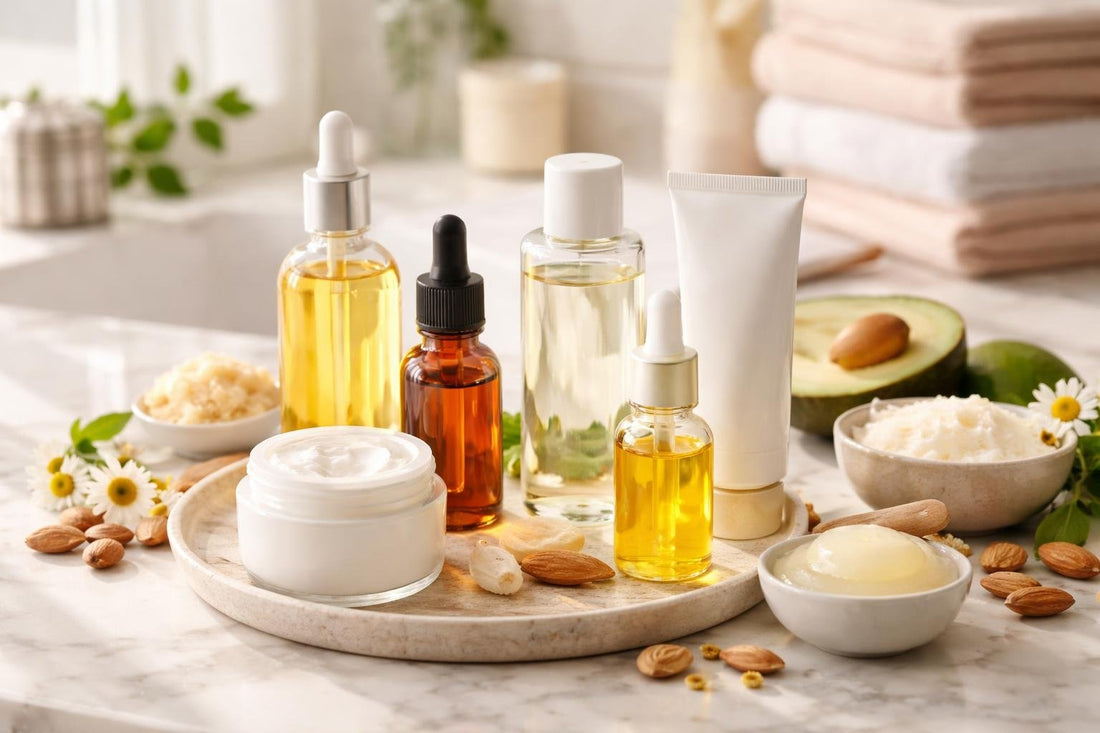 selection of essential oils and moisturisers for dry skin