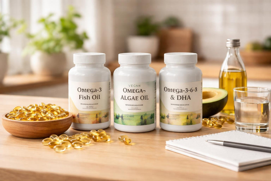 Essential Fatty Acid supplements laid out on table