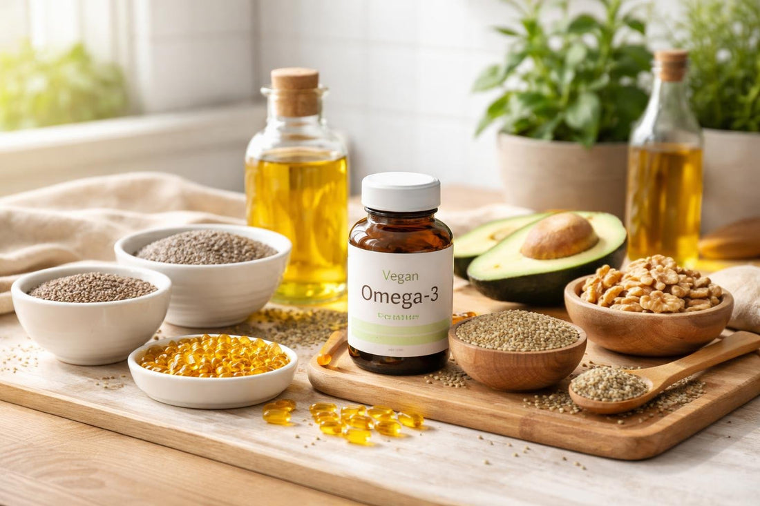 vegan omega-3 supplements and seed sources laid out