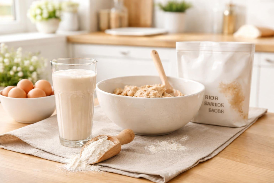 Egg protein powder mixed into shake and baking bowl