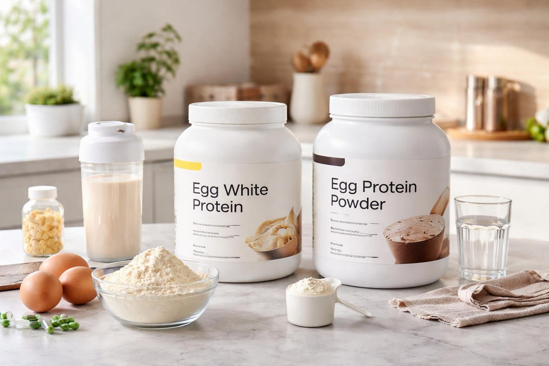 Assorted egg protein powder tubs with scoop and bowl